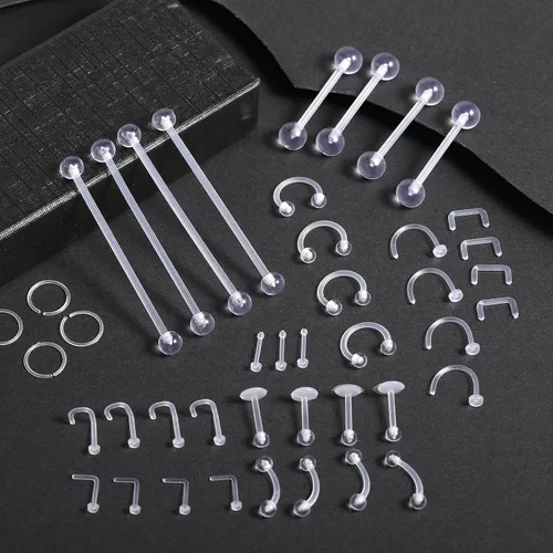 Vista 8 de Juego de 44 piezas de piercings de nariz transparentes, juego de piercings de acrílico para labios, flexible para nariz, lengua, vientre, ceja