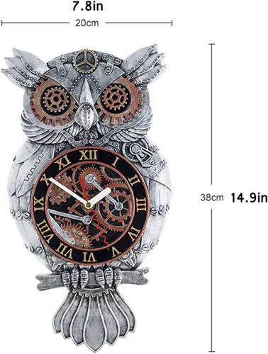 Vista 6 de Reloj de pared con péndulo, reloj de péndulo de búho steampunk de imitación de metal de imitación de reloj de pared de resina pintada a mano