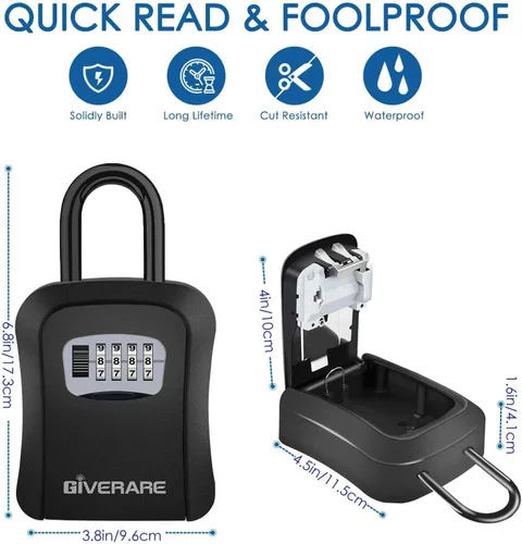 Vista 2 de Caja de cerradura para llaves, caja de seguridad de combinación de 4 dígitos, soporte de pared y aleación de metal portátil, impermeable
