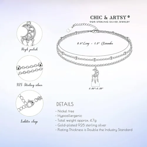 Vista 75 de CHIC & ARTSY Tobilleras delicadas de plata de ley S925 para verano, pulsera de tobillo ajustable multicapa para playa, joyería de pie para mujer