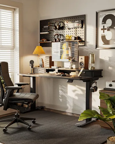 Vista 2 de FEZIBO Escritorio de pie de 48 x 24 pulgadas con altura ajustable, escritorio eléctrico de pie con doble cajón, escritorio de oficina en casa con 4