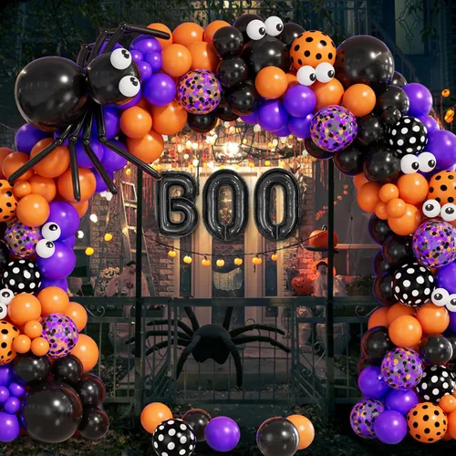 Vista 5 de Kit de arco de guirnalda de globos de Halloween con globos de araña, globos de confeti negro, naranja, morado, globos de papel de aluminio