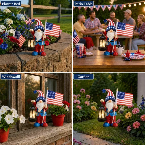 Vista 8 de Estatua de gnomos de jardín para decoraciones de patio, esculturas al aire libre, decoración patriótica, decoración del día conmemorativo para el 4