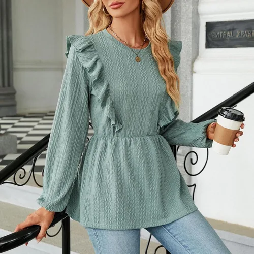 Vista 4 de Camiseta de manga larga suelta con cuello cuadrado de color sólido para otoño e invierno 2023 para mujer