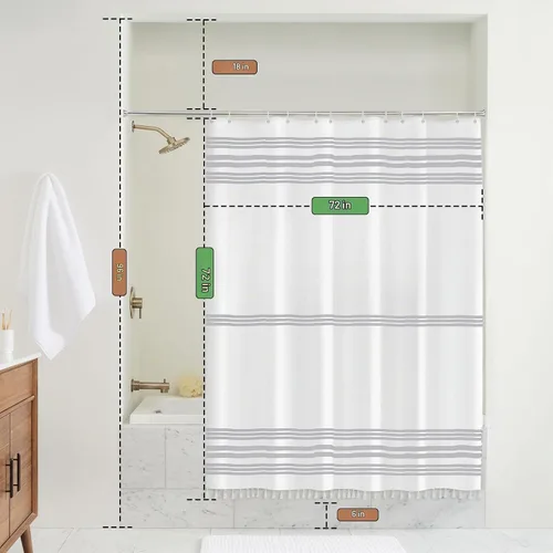 Vista 8 de Seasonwood Cortina de ducha gris y blanca con borlas Cortinas de ducha estilo granja moderna para decoración de baño 72L"x72A" Lavable a máquina