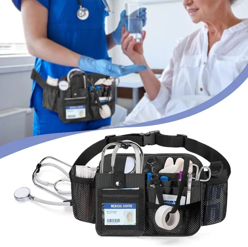 Vista 7 de Damero - Cangurera para enfermera con múltiples compartimentos y soporte para cinta, color negro Nurse Tool Belt Utility Nurse Waist Bag with