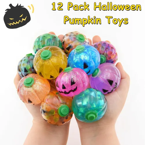 Vista 2 de Eavotoy Paquete de 12 calabazas de Halloween, bolas antiestrés, juguetes para la ansiedad, juguetes esponjosos, juguetes para fiestas de Halloween