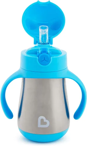 Vista 5 de Munchkin Cool Cat - Vaso para beber con popote para niños pequeños, vaso con popote de acero inoxidable, 8 onzas, azul
