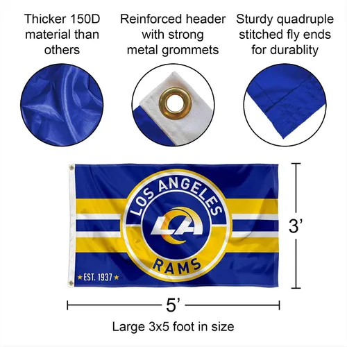 Vista 2 de Bandera grande de Los Angeles Rams con botón de parche y logotipo circular de 3 x 5 pulgadas