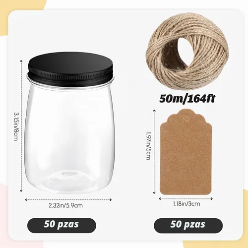 Vista 2 de Nitial Paquete de 50 frascos de plástico de 5 onzas con tapas a granel, recipientes de yogur con tapas, frascos de regalo con cordel para Negro