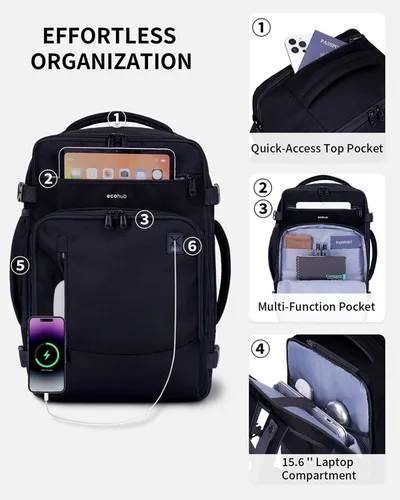 Vista 4 de ECOHUB Mochila de Viaje Mochila de Equipaje de Mano, Negro-3, Mochilas de viaje