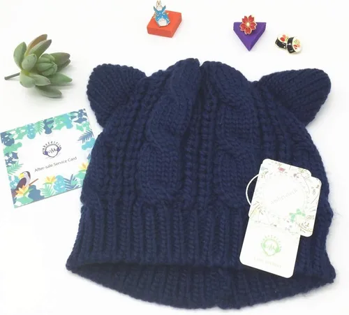 Vista 2 de Amberetech - Gorro tejido en crochet con orejas de gatito, para mujer, M, Azul Oscuro