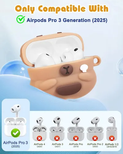 Vista 2 de Joyleop Funda para Airpods Pro 3 – Linda funda divertida para mujeres, niñas y niños 3D Kawaii Capybara Oso Diseño de dibujos animados Funda