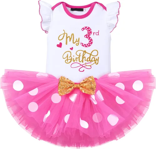 Vista 12 de IMEKIS Conjunto de mameluco para bebé niña de primer y tercer cumpleaños + falda tutú de lunares + diadema para niños pequeños sesión de fotos