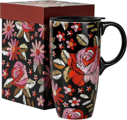 Vista 11 de Topadorn Taza de Café de Cerámica de Porcelana Latte Taza de Té con Tapa y Caja de Regalo 17oz, Flor Azul