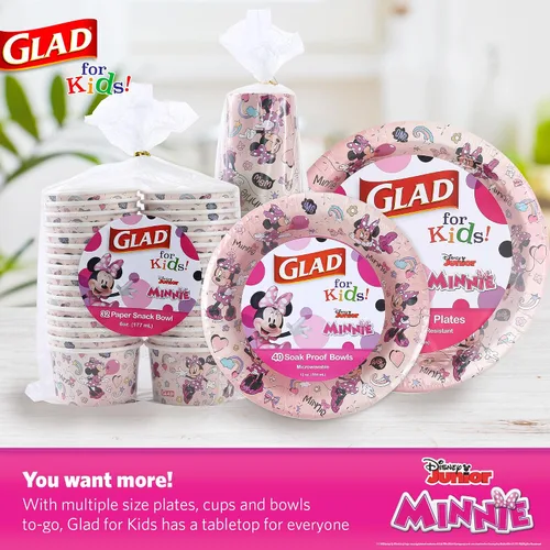 Vista 6 de Glad para niños Disney Mickey y amigos, cuencos desechables de papel para aperitivos, sin tapas, Minnie rosa - resistente, apto para microondas