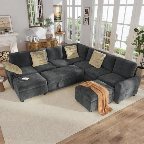 Vista 19 de Hanherry - Sofá seccional con sofá cama extraíble, sofá cama de chenilla con 2 asientos de almacenamiento y carga USB, cómodos sofás modulares