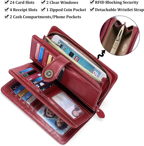 Vista 4 de FALAN MULE Cartera de cuero genuino RFID bloqueo gran capacidad Trifold señoras cartera.