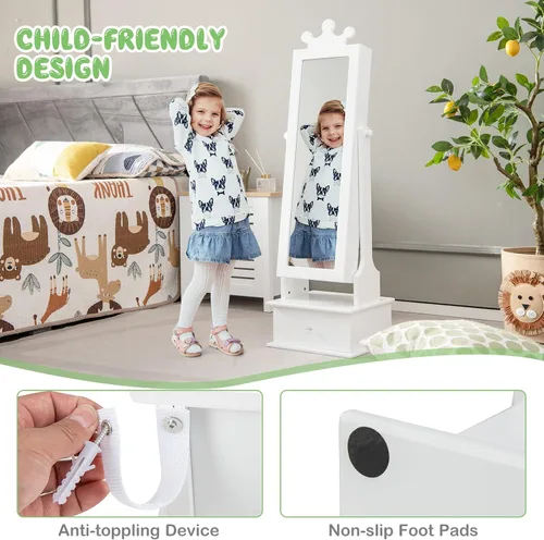 Vista 6 de GOFLAME Armario de joyería para niños, armario de joyería para niños con espejo de longitud completa y cajones de almacenamiento, organizador