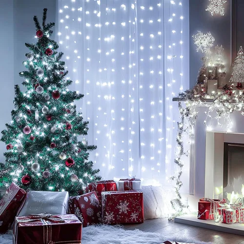 Vista 6 de Kwaiffeo - luces de Navidad blancas, 100 pies de longitud, 300 luces LED, impermeables, enchufables, para interiores y exteriores, 8 modos de luz