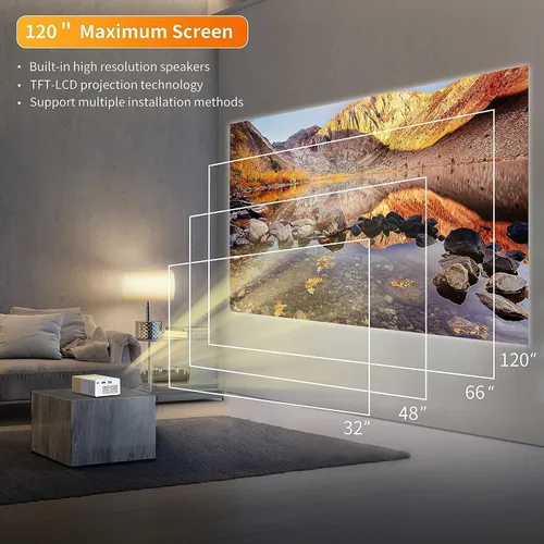 Vista 3 de Mini proyectores de video 720P proyector de película, proyección de pantalla de 24 a 60 pulgadas, proyector LED amigable con los ojos para cine