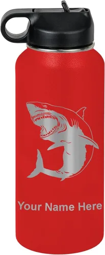 Vista 32 de LaserGram Botella de agua personalizada, gran tiburón blanco, acero inoxidable de doble pared aislada al vacío con popote superior, regalo grabado