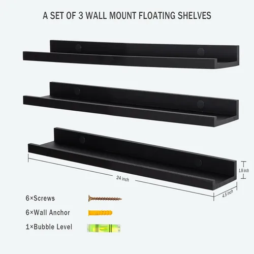 Vista 3 de AZSKY Juego de 3 estantes flotantes para pared, estantes de 24 pulgadas con labio, estante grande para libros de guardería, estantería