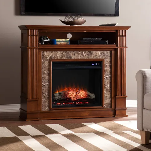 Vista 8 de SEI Furniture - Chimenea eléctrica Highgate Media con pantalla táctil - Diseño de transición, vidrio marrón y madera - Ideal para sala de estar