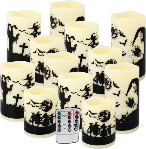 Vista 2 de fclayvts Paquete de 12 Velas de Pilar LED Sin Llama de Halloween - Funcionan con Baterías con Control Remoto y Temporizador, Luz Cálida Parpadeante