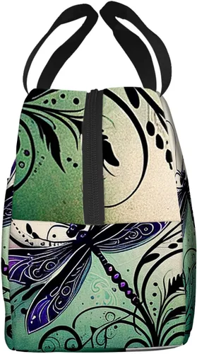 Vista 4 de OOZ Lonchera térmica para mujeres y hombres, para el trabajo, linda libélula en negro y morado, reutilizable, a prueba de fugas, para adultos, bolsa