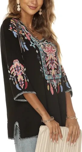 Vista 3 de Vakakado Blusas bordadas mexicanas bohemias para mujer, camisas tradicionales bohemias campesinas de manga 34, ropa hippie, blusa tipo túnica