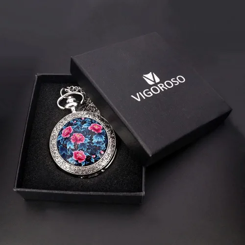 Vista 8 de VIGOROSO Cuarzo Hermoso Peony Bird Esmalte Pintura Steampunk Relojes de bolsillo de plata en caja