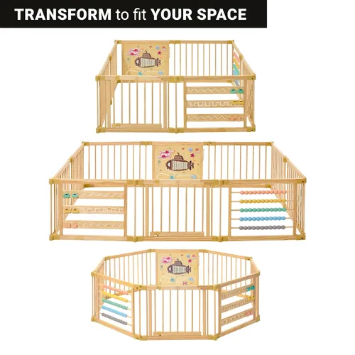 Vista 6 de Corralito de madera extragrande para niños pequeños y bebés - Diseño de juguete con tema Bajo el Mar - (8/10) Paneles de madera - Corralito plegable