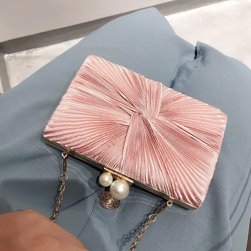 Vista 3 de RAN Bolso de satén con cierre de perlas sintéticas, bolso de banquete para mujer con cadena cruzada (color rosa)