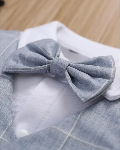 Vista 15 de Conjunto de chaleco para bebés y niños pequeños, camisa corta con corbatín y pantalones, trajes elegantes