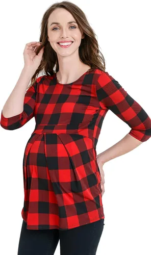 Vista 12 de LaClef - Blusa de maternidad para mujer, cuello redondo, manga 3/4, plisada al frente, estilo peplum Negro Sólido