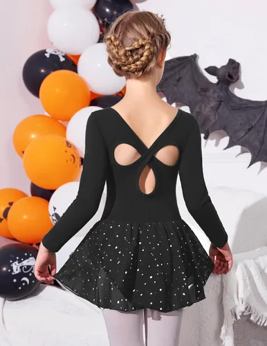 Vista 8 de Arshiner Leotardo de ballet de manga larga para niñas, con espalda hueca brillante, vestido de leotardo con falda de baile