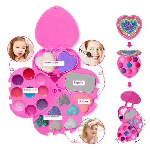 Vista 2 de Mebtmel Kit de maquillaje en forma de corazón para niños, real, no tóxico, lavable para niñas y niños