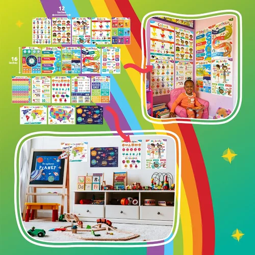 Vista 2 de Sproutbrite Paquete completo de 18 carteles educativos para niños pequeños (12 x 16 pulgadas), gráficos coloridos para motivación preescolar, jardín