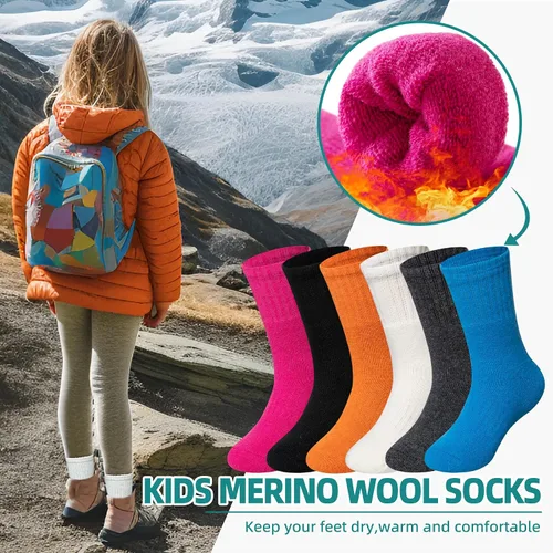 Vista 2 de Calcetines de senderismo de lana merino para niños y niñas, cálidos, térmicos, gruesos, acogedores, acolchados, 6 pares