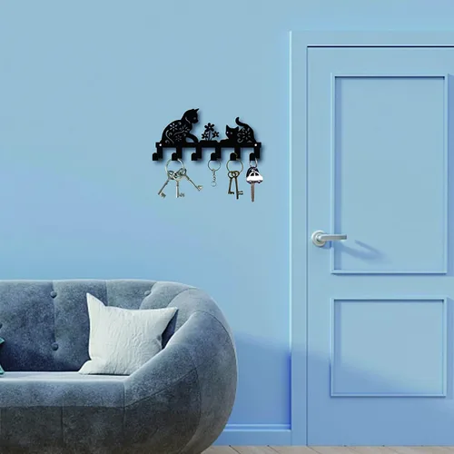 Vista 7 de CREATCABIN Soporte de metal para llaves, ganchos negros para colgar en la pared, organizador colgante decorativo con 6 ganchos, patrón de gato