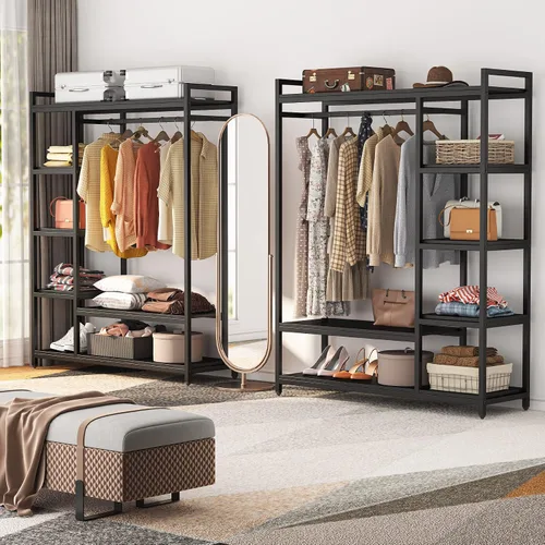 Vista 5 de LITTLE TREE Perchero de Ropa de Madera Independiente para Armario, Perchero de Prendas Resistente con Estantes, Percheros Colgantes para Ropa