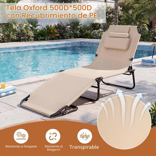Vista 7 de Tangkula Sillón de playa, reclinable plegable para tomar el sol con agujero frontal, silla de bronceado boca abajo con respaldo ajustable de 4 Beige