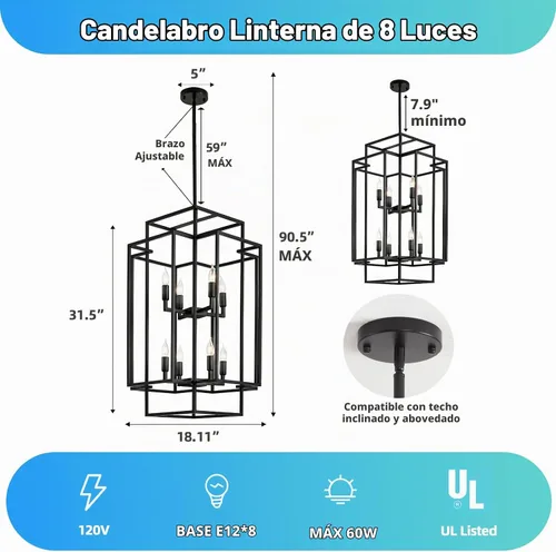 Vista 3 de Candelabro Negro de Granja, Candelabros Grandes para Techos Altos, Lámpara Colgante de Linterna Escalonada de 8 Luces, Accesorios de Iluminación