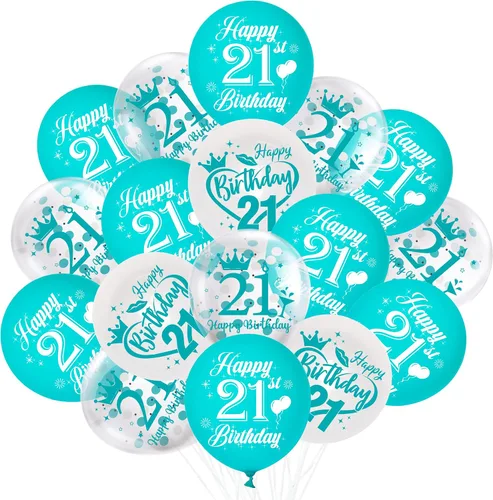 Vista 10 de Globos de cumpleaños número 10, paquete de 45 decoraciones de cumpleaños de dos dígitos, color turquesa, juego de globos de látex azul y blanco