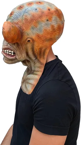 Vista 5 de Ghoulish Productions Máscara de látex alienígena rico naranja gruñón máscara de látex alienígena naranja con grandes ojos negros Ideal