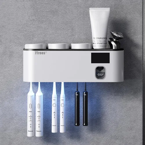 Vista 4 de Desinfectante para cepillos de dientes, soporte autoadhesivo para cepillos de dientes con 3 tazas, dispensador exprimidor automático de pasta