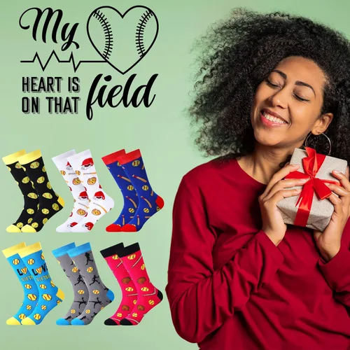 Vista 5 de 6 pares de calcetines divertidos de béisbol, fútbol, golf, voleibol, música, calcetines deportivos novedosos, regalos de cumpleaños