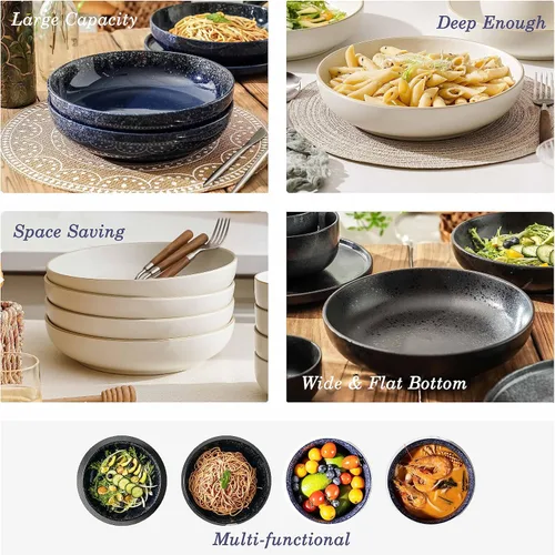 Vista 4 de S&Q'S CERAMICS Juego de 4 tazones grandes para servir, tazones grandes para ensalada de 65 onzas, platos hondos de cerámica anchos y poco profundos