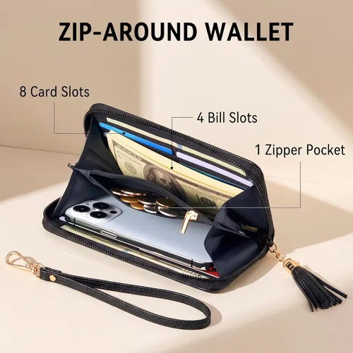 Vista 2 de Carteras con borla Travelambo para mujer, plegable, pulsera, cartera larga negro (A01 Black)
